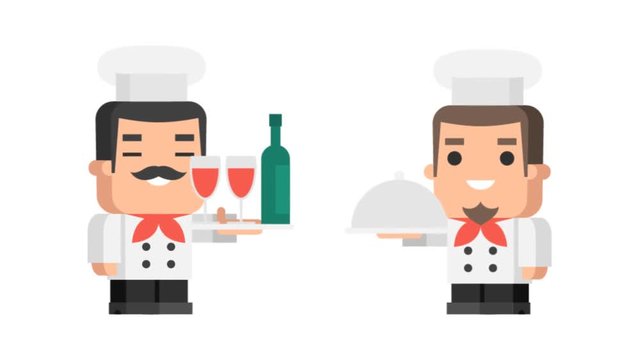 Two chefs holding tray and smiling funny character