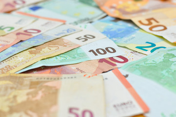 Pile of paper euro banknotes. Euro money banknote, business and finance concept