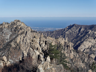 The great view from the peak of beautiful mountains. Seoraksan National Park. South Korea