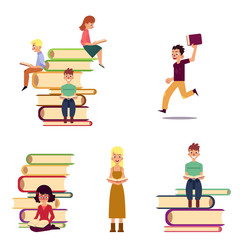 People reading while sitting on giant books, flat cartoon vector illustration isolated on white background. Set of reading people and giant books, reading, library, bookstore concept