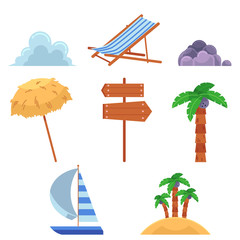 Set of summer vacation elements, icons - palms, beach chair, umbrella, wooden sign, lounge yacht, clouds, rocks, flat cartoon vector illustration isolated on white background. Set of summer elements