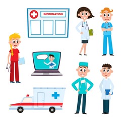 vector flat adult male, female doctors, head physician nurse holding clipboard, stethoscope smiling, ambulance car and empty white information board set. Isolated illustration on a white background.