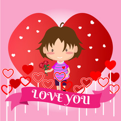 Boy love for Valentine's day.on  Happy valentine's day and Love pink background design for valentine's festival .Vector illustration.Cartoon style.