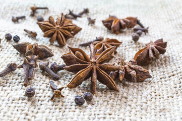 Cinnamon, cloves and star anise on a table cloth.
