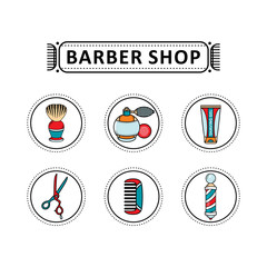 vector flat barber shop tools set. scissors, comb, shaving brush, barber pole, hairdresser sprayer after shave gel icon. Isolated illustration white background for your logo, brand design
