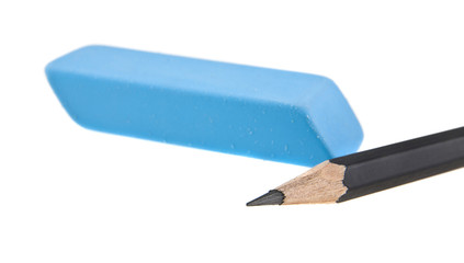 blue eraser and black pencil isolated on white background
