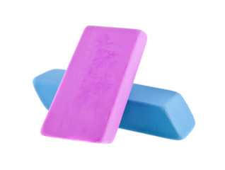 blue and pink eraser gum isolated on white background