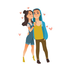 Young loving hipster couple standing and hugging, girl kissing her boyfriend, flat vector illustration isolated on white background. Full length portrait of happy hugging young hipster couple in love