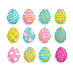 Big set of colored eggs, Easter decoration element, cartoon vector illustration isolated on white background. Set of cartoon style painted Easter eggs decorated with star, dot, stripe, flower patterns