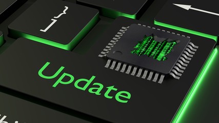 Cracked open CPU on the enter key of a black keyboard with the word update