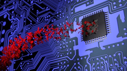 Cracked open chip on a circuit board spitting out red binary stream