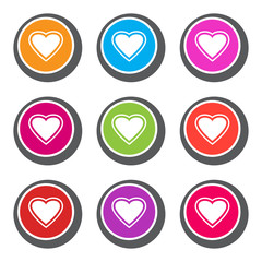 Colorful set of buttons with white hearts for Valentine's Day. Vector illustration