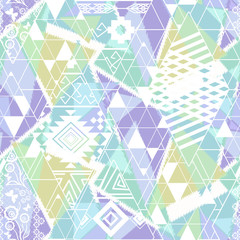 Seamless Ethnic abstract pattern in pastel colors. Light blue, green, mustard, white pattern.