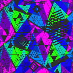 Seamless Ethnic abstract pattern with bright neon tones. Bright blue, green, pink, black ornament.