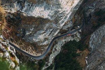 mountain road in the Cheile Bicazului at the  Romanian Carpathians. Top view