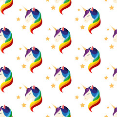 Unicorn with closed eyes. Rainbow mane. Seamless vector illustration.