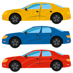 A set of three cars painted in different colors. Vector illustration
