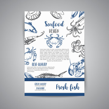 Seafood banner vector template set. Hand drawn vector illustrations. Gift certificate. Sketch of crab, lobster, shrimp, oyster, mussel