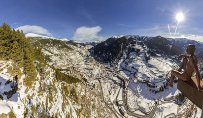 Village of Canillo panoramic view from observation deck, in Roc Del Quer trekking trail. Andorra.