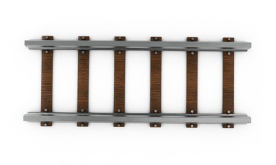 A 3D rendering of a train track disappearing into the distance on an isolated white