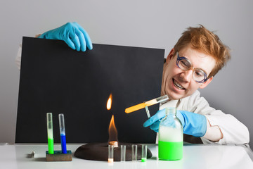 Funny crazy Scientist chemist. Warm the flask over the fire. copy-paste