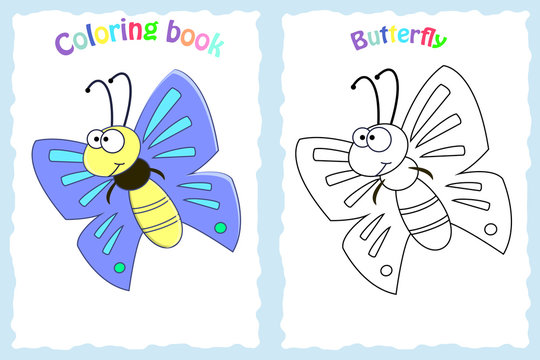 Coloring book page for preschool children with colorful butterfly  and sketch to color.