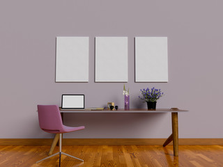 Mock up poster of workspace interior. 3D Rendering.