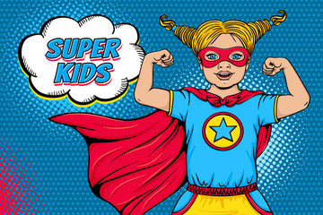 Wow face. Cute surprised blonde little girl dressed like superhero with open mouth shows her power and Super Kids speech bubble. Vector illustration in retro pop art comic style. Invitation poster.