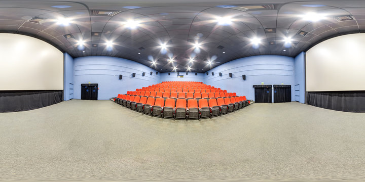 3D spherical panorama with 360 viewing angle. Ready for virtual reality or VR. Full equirectangular projection. Interior of cinema hall.