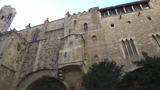 Ancient Barcelona, Gothic Quarter.
Detail of medieval constructions in the Roman wall of Barcelona. Smooth camera movement: panning right