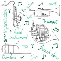 Set of hand-drawn wind musical instruments, notes, and lettering.