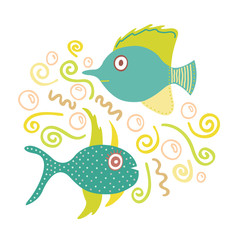 Lovely hand-drawn illustration of fishes and doodles
