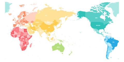 Obraz premium Colorful political map of World divided into six continents and focused on Asia, Australia and Oceania region. Blank vector map in rainbow spectrum colors.