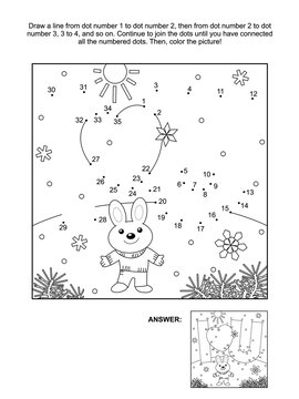 Valentine's Day themed connect the dots picture puzzle and coloring page with I Love You hidden message and little cute hare or bunny. Answer included.
