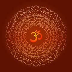 Mandala frame with Om symbol. Hand drawn oriental ornament for greeting card, invitation, coloring book, yoga poster.