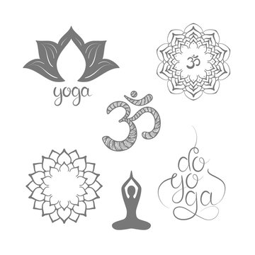 Om symbol with hand drawn  mandala, Lotus. Do Yoga. Lettering. Set of oriental ornaments for yoga studio  poster and logo, coloring book.