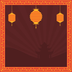 Chinese art style square banner in red and golden colors