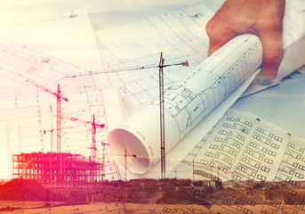 Arquitecto y planos.Concepto de arquitectura y construccion.Gruas y construccion de casas