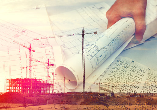 Arquitecto y planos.Concepto de arquitectura y construccion.Gruas y construccion de casas