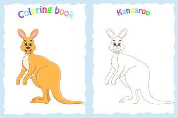 Coloring book page for preschool children with colorful kangaroo  and sketch to color.