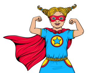Cute happy little girl dressed in superhero costume with open mouth shows her power and strength. Vector cartoon hand drawn illustration in pop art comic style isolated on white background. Super kid.