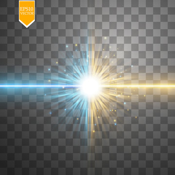 Star clash and explosion light effect, neon shining laser collision surrounded by stardust on transparent background. Expressive illustration, technical innovation, shocking news or invention symbol.