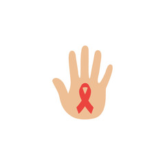 Hand with red awareness ribbon, icon. Vector illustration.