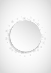 Christmas paper banner with silver snowflakes. Winter window. New Year and Christmas paper banner with glitter snow. Vertical design for party invitation, banner, sale, special offer, flyer, gifts.