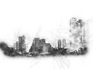 Abstract Building on watercolor painting background. City on Digital illustration brush to art.