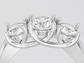 3D illustration close up white gold or silver three stone diamond ring