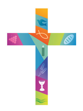 Colorful christian cross with christian symbols