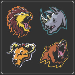 Set of emblems with lion, rhino, bear and bull.