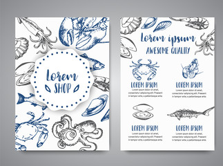 Seafood banner vector template set. Hand drawn vector illustrations. Gift certificate. Sketch of crab, lobster, shrimp, oyster, mussel