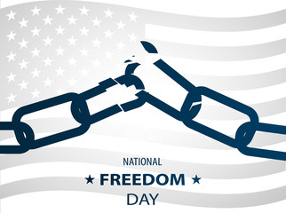 1st February National Freedom Day Illustration with a broken chains as a symbol of freedom. posters template.  American Flag as background.